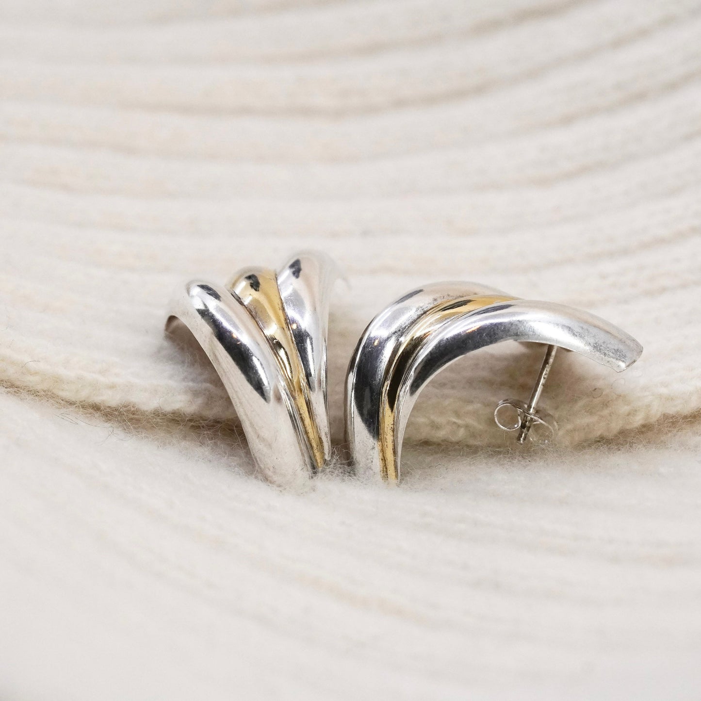 1”, vtg Italy two tone Sterling silver handmade earrings curvy 925 Huggie studs