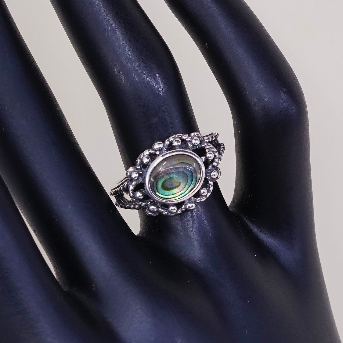 sz 6, vtg sterling silver handmade ring, 925 w/ oval abalone nn beads