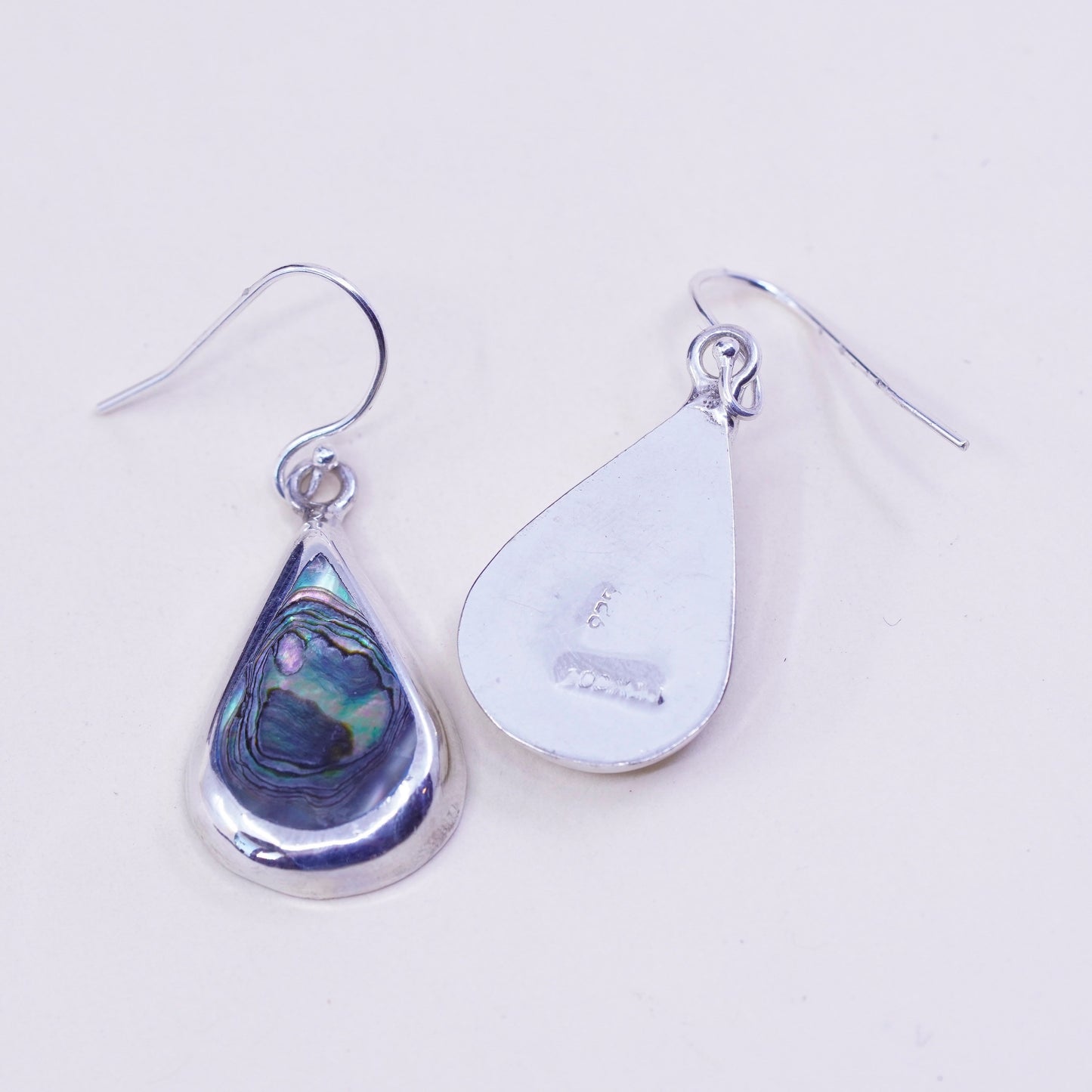 Vintage Mexico sterling 925 silver handmade teardrop earrings with abalone