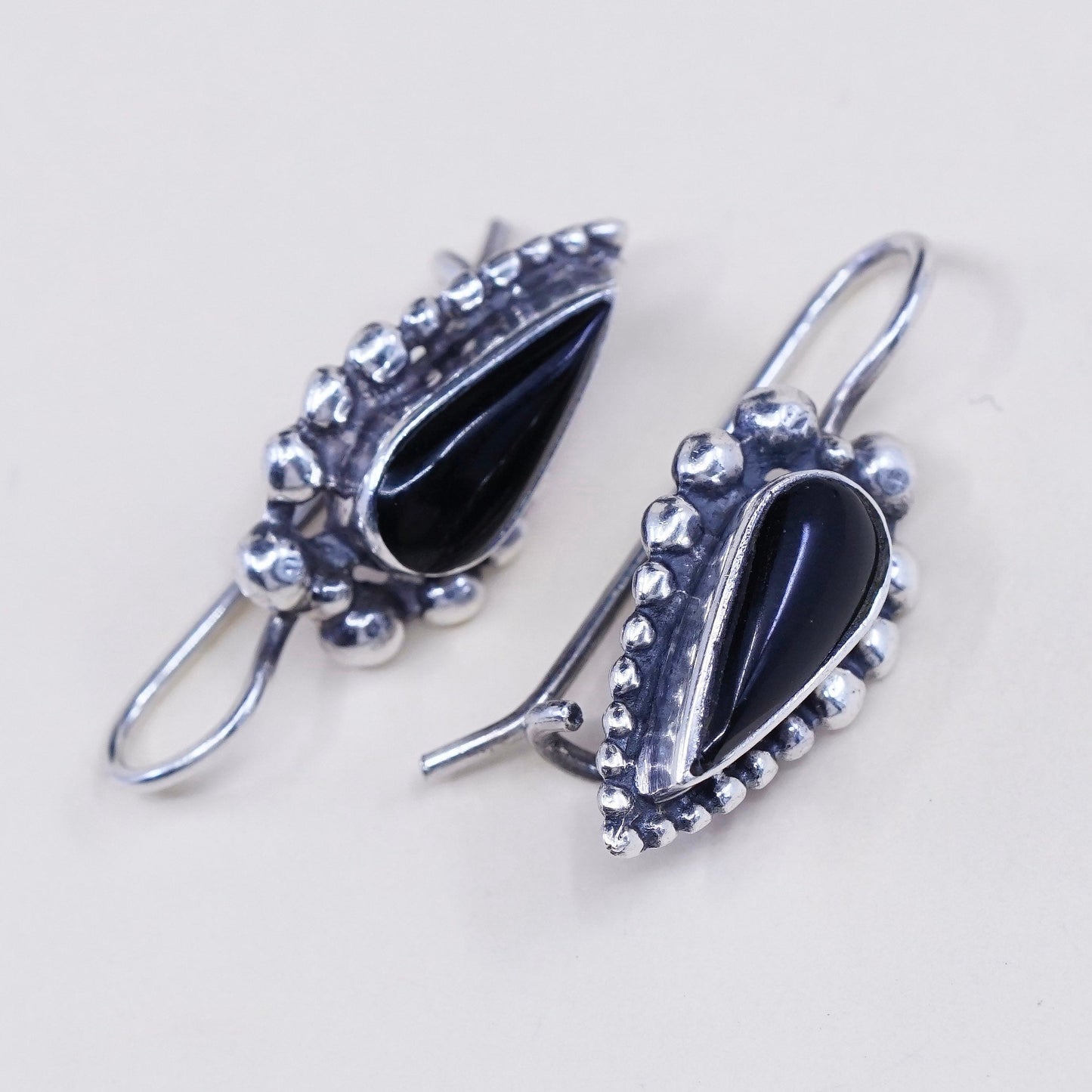 Vintage Sterling silver handmade earrings, 925 teardrop obsidian with beads