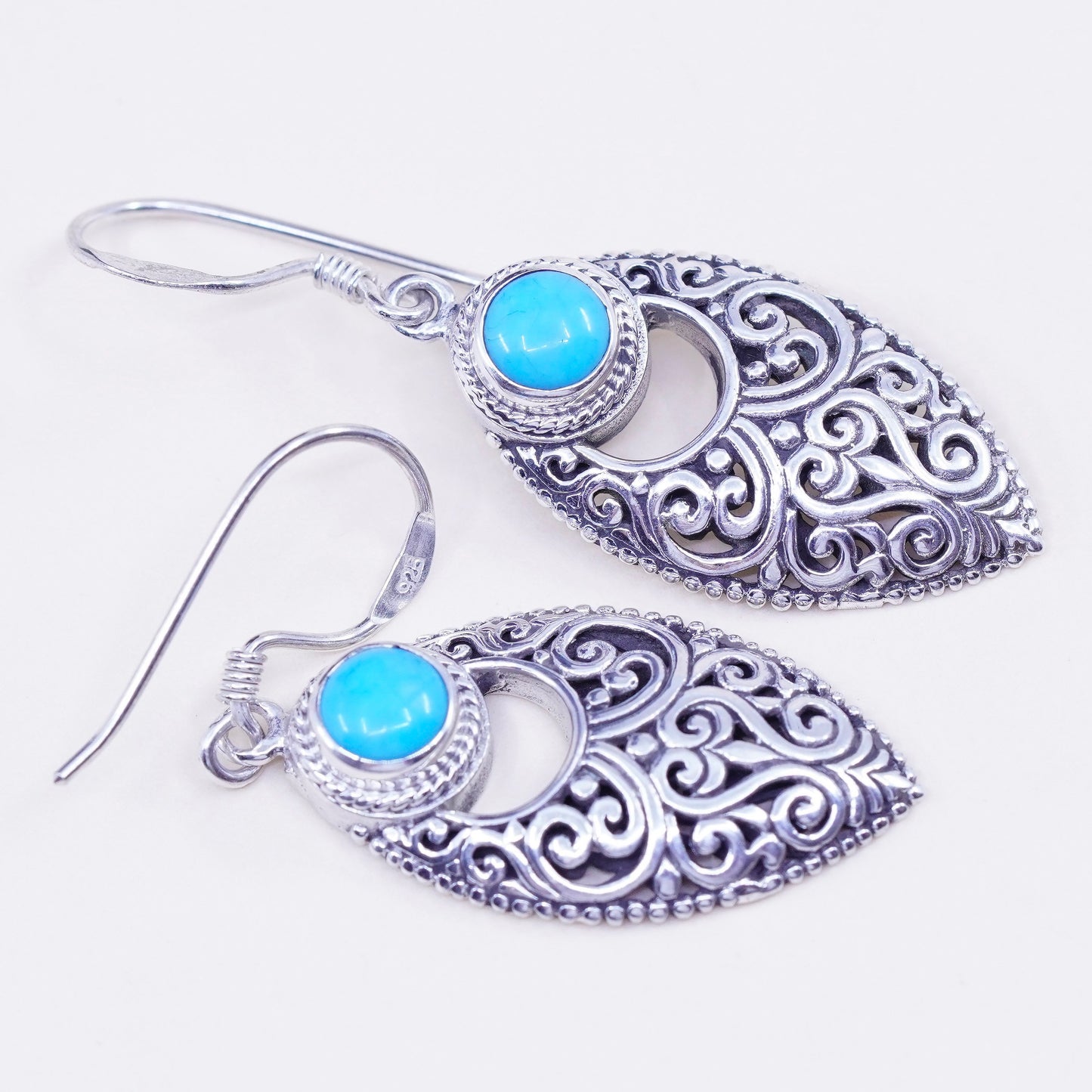 Vintage Sterling 925 silver handmade marquise earrings with turquoise filigree