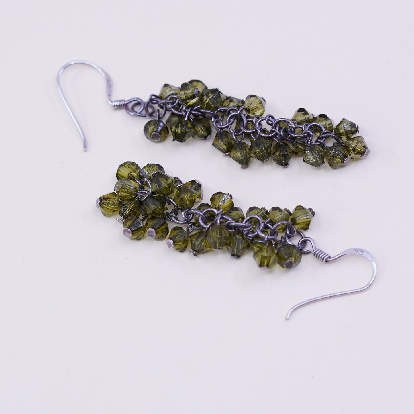 Vintage sterling 925 silver handmade earrings with cluster olive green crystal, stamped 925