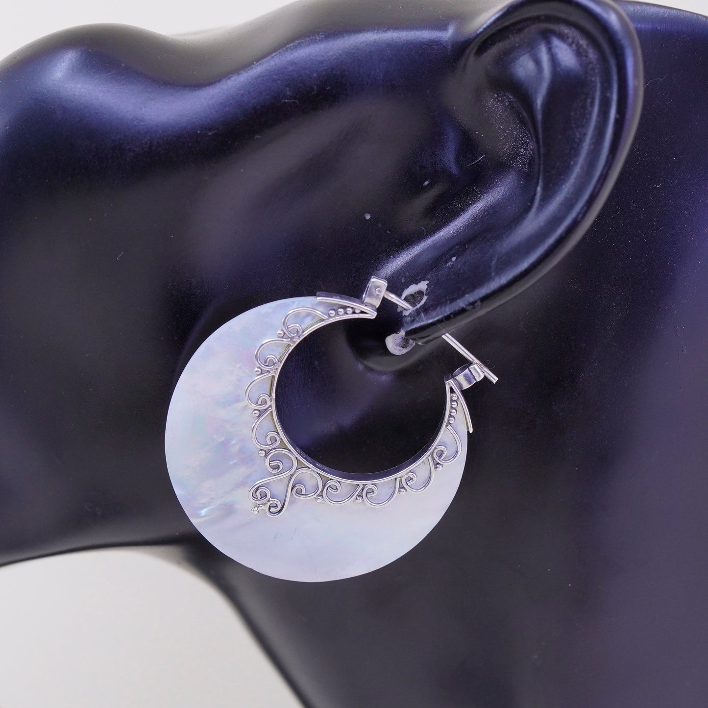 Indonesia sterling 925 silver handmade earrings, huge mother of pearl circle