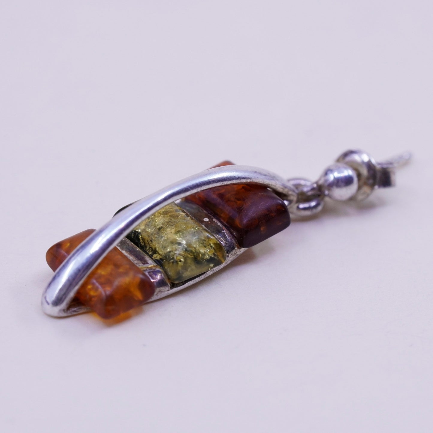 Vintage Sterling silver handmade earrings, 925 rectangular dangles with amber