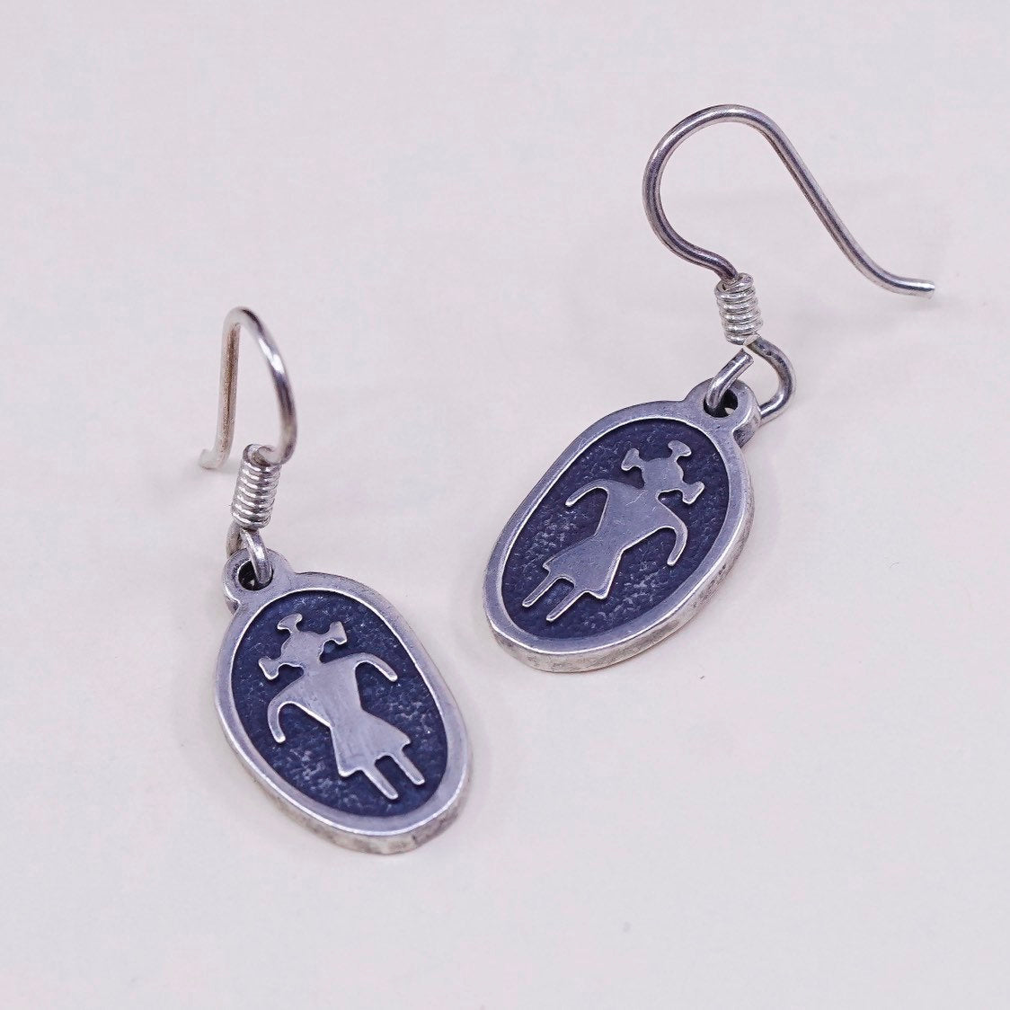 vtg Native American hopi sterling silver handmade earrings 925 figure tag drops