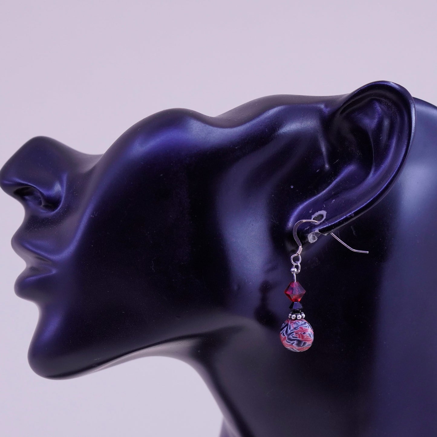 Vintage sterling silver handmade earrings with red crystal beads and resin