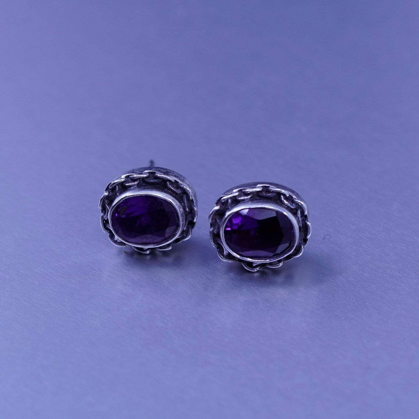 Vintage Sterling 925 silver handmade earrings, studs with amethyst