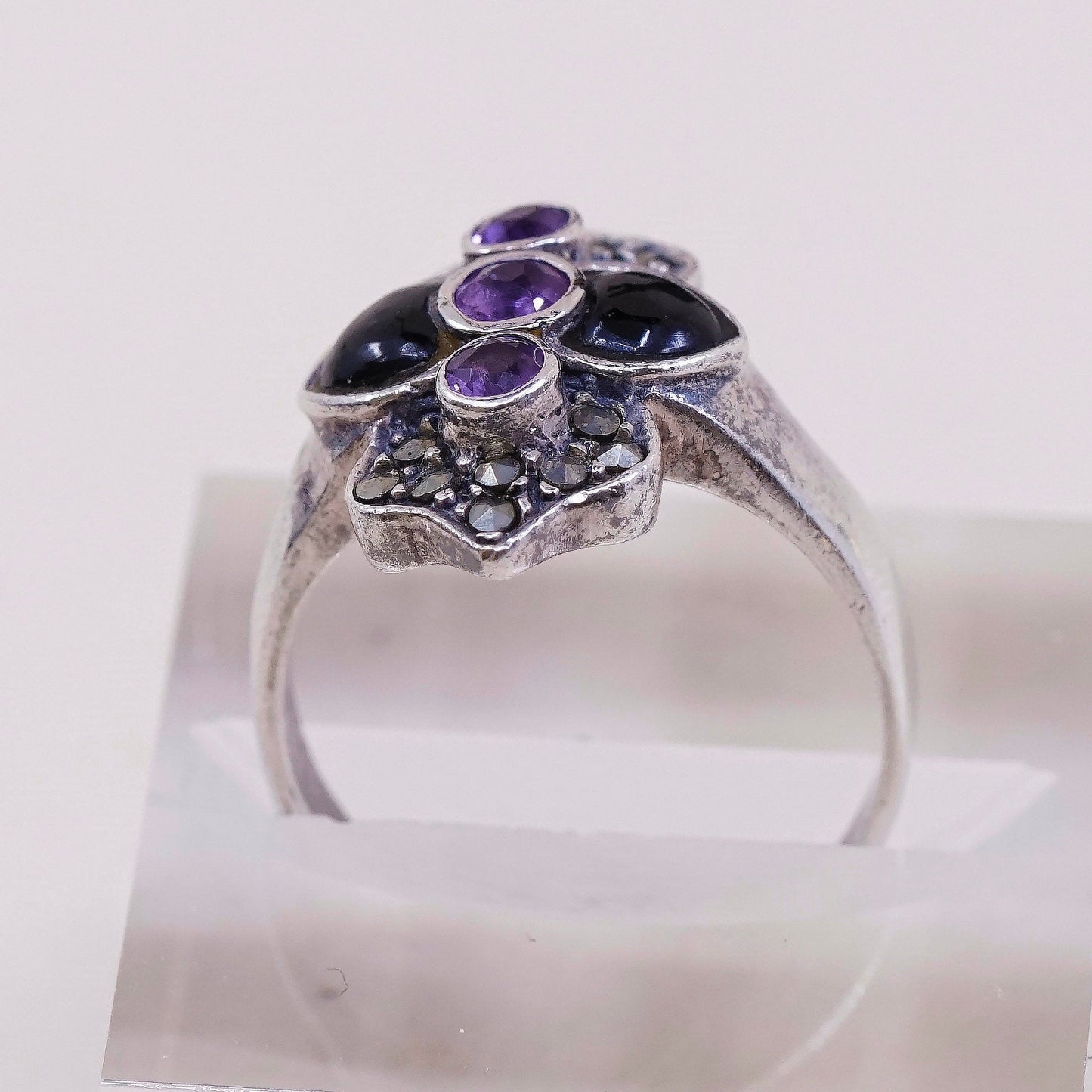 sz 8.75, vtg sterling 925 silver handmade ring w/ amethyst n marcasite