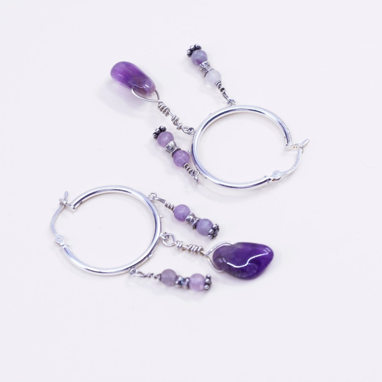 Vintage sterling silver handmade earrings, 925 hoops with amethyst