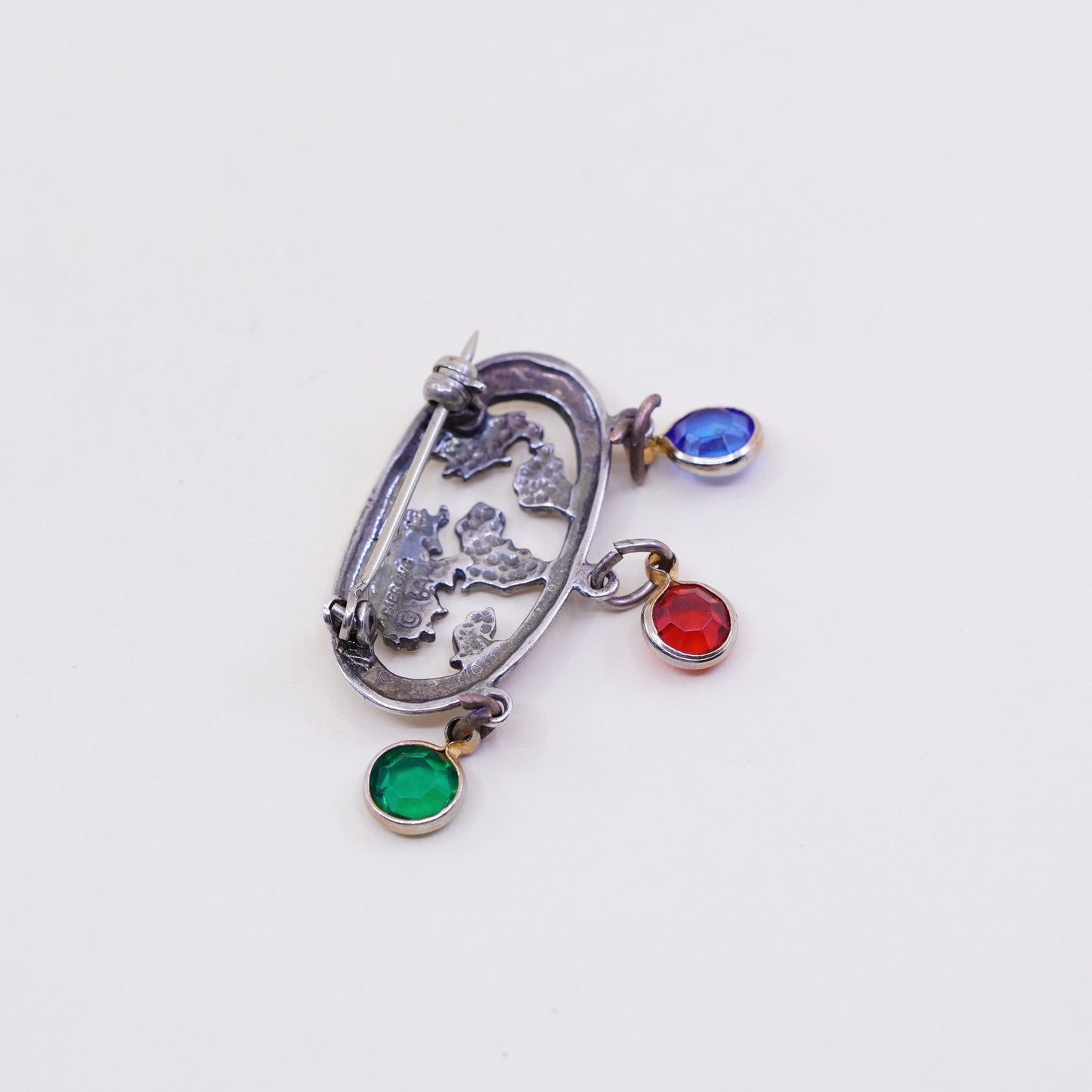 Vintage sterling silver handmade brooch, 925 world map with colorful crystal