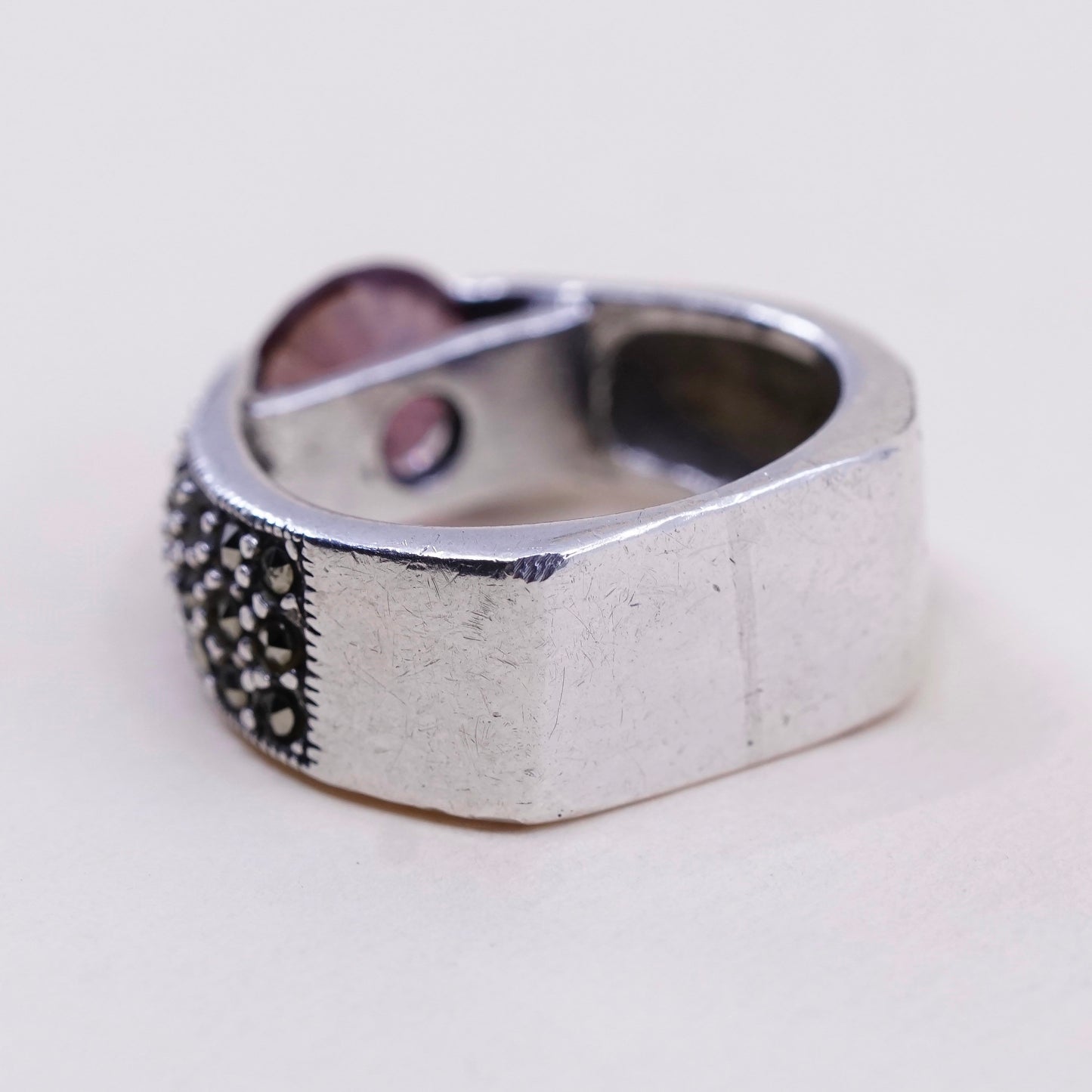 sz 5.5, Vintage sterling 925 silver handmade ring with amethyst and marcasite