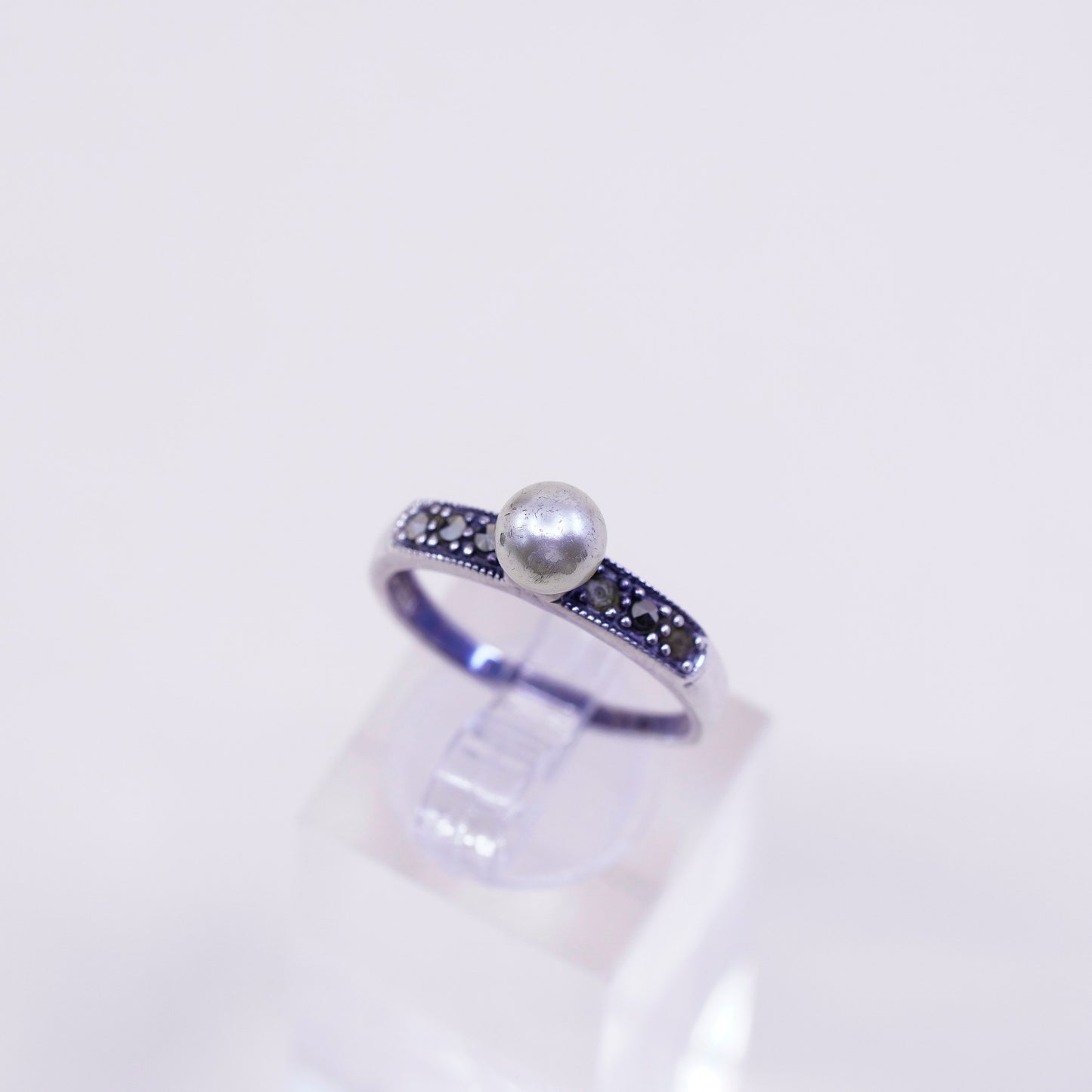 Size 8, vintage sterling 925 silver handmade stackable ring pearl marcasite