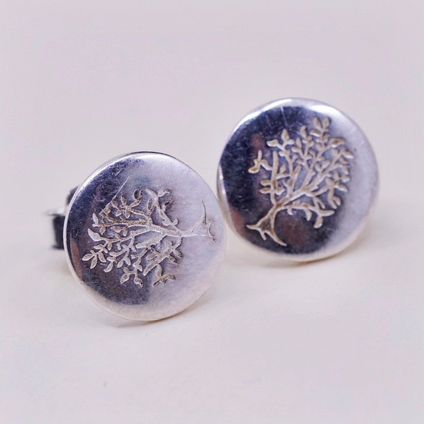 Vintage sterling silver handmade earrings, 925 circle studs with tree