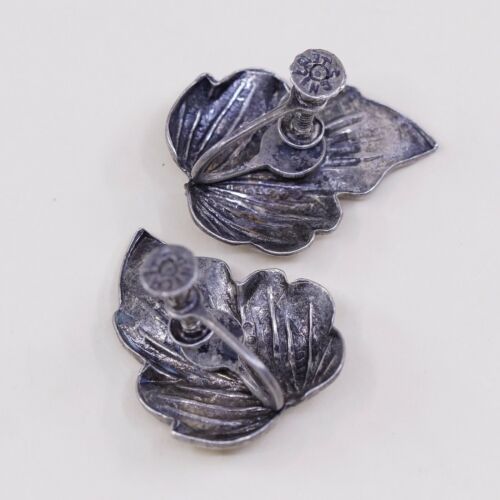 Vtg 925 Silver Handmade Screw Back Earrings Leaf Wings, Stamped Sterling