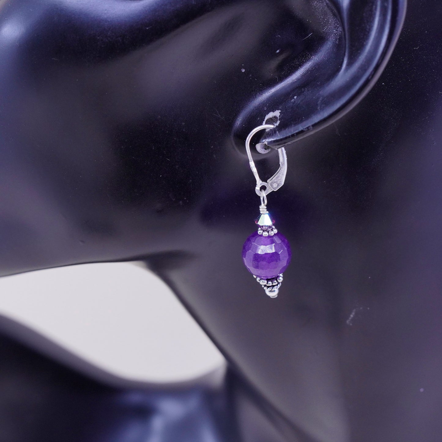 Vintage sterling silver handmade earrings, 925 twisted drop with amethyst bead, stamped 925