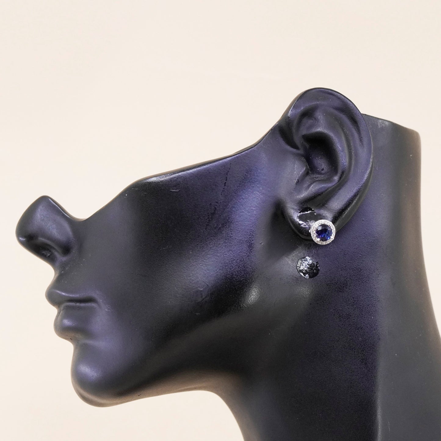 Vintage Sterling silver handmade earrings, 925 studs with sapphire cluster Cz