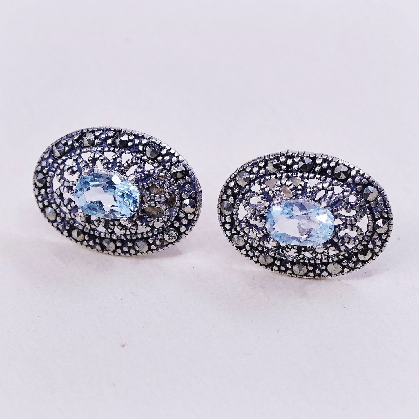 vtg Sterling silver handmade earrings, 925 studs w/ topaz and marcasite
