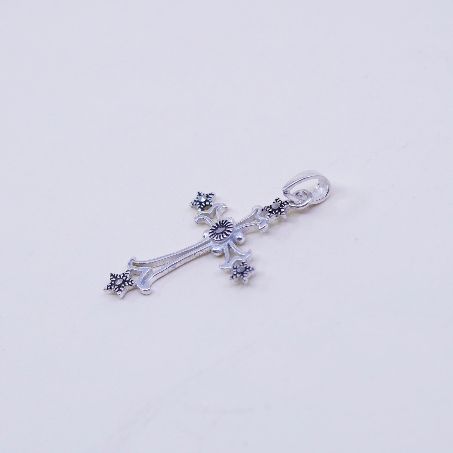 Vintage handmade sterling 925 silver cross pendant with marcasite