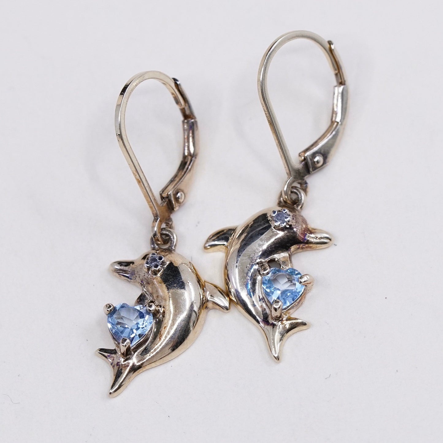 vermeil gold over sterling 925 silver handmade dolphin earrings w/ topaz heart