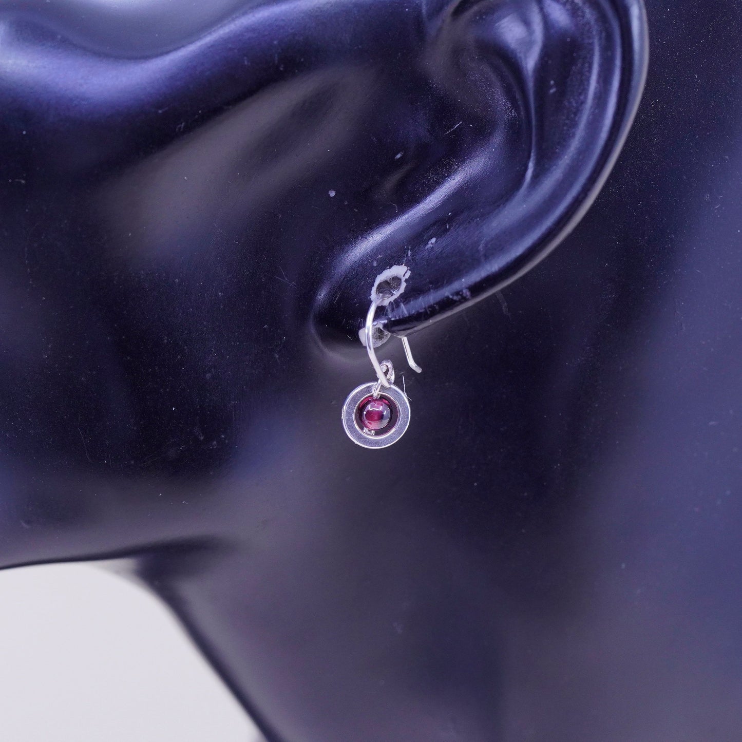 Vintage Sterling silver handmade earrings, 925 circle with garnet beads
