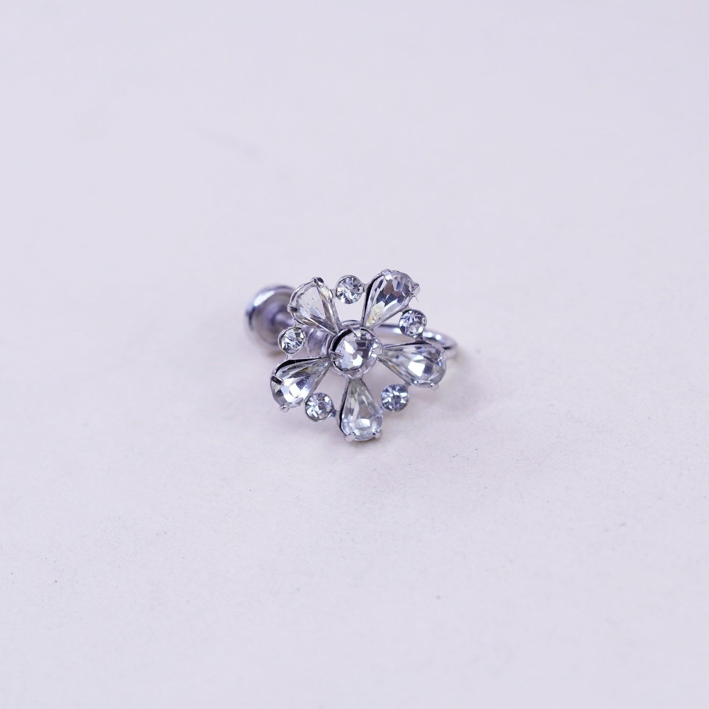 1950s vtg sterling 925 silver earrings flower screw back earrings rhinestone