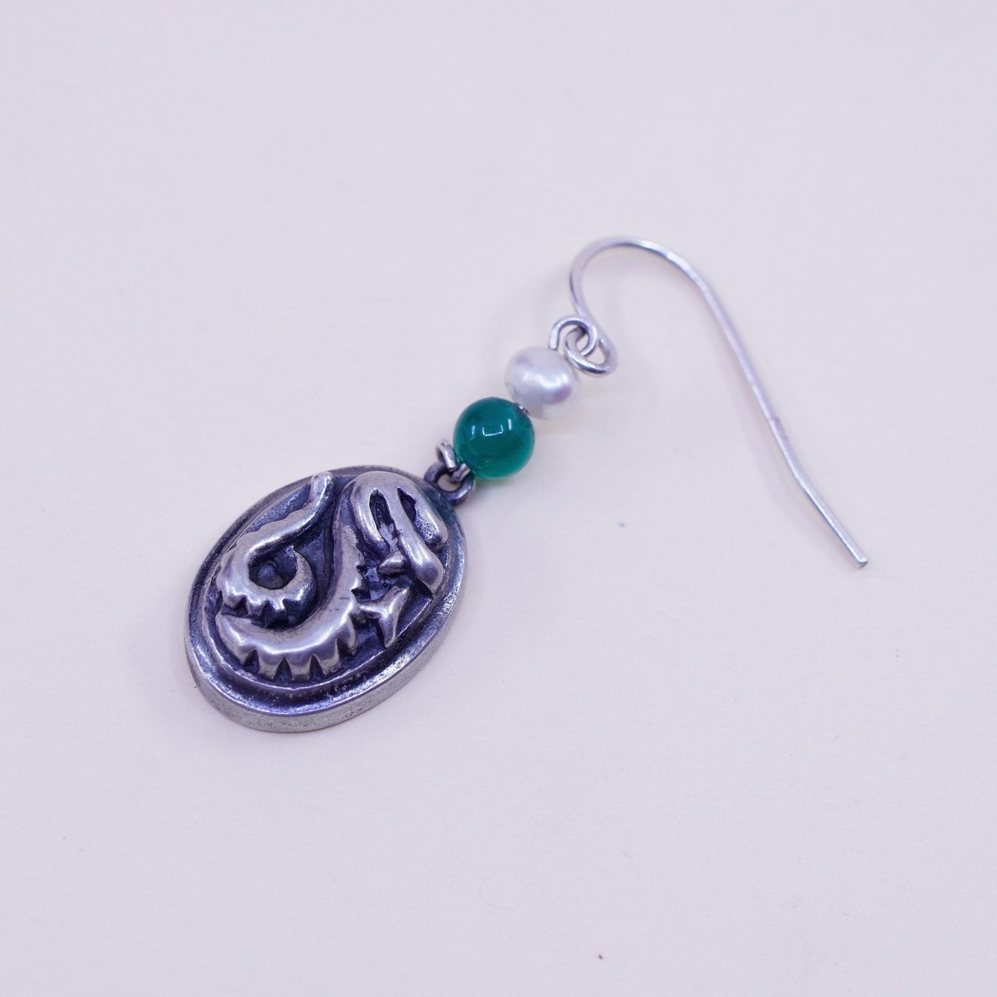 Vintage sterling silver handmade earrings, 925 snake drops with pearl