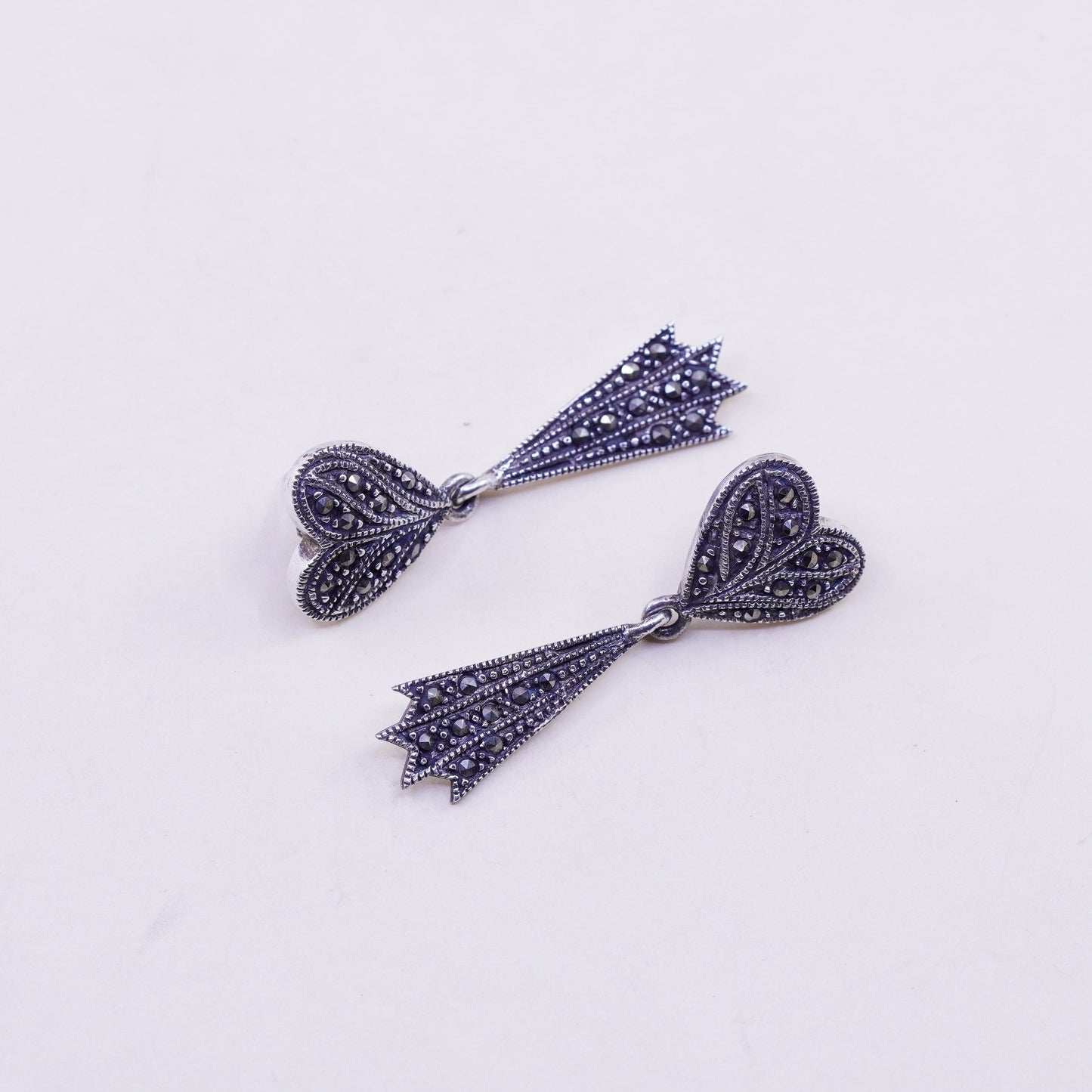 Vintage Sterling 925 silver handmade heart earrings with Marcasite