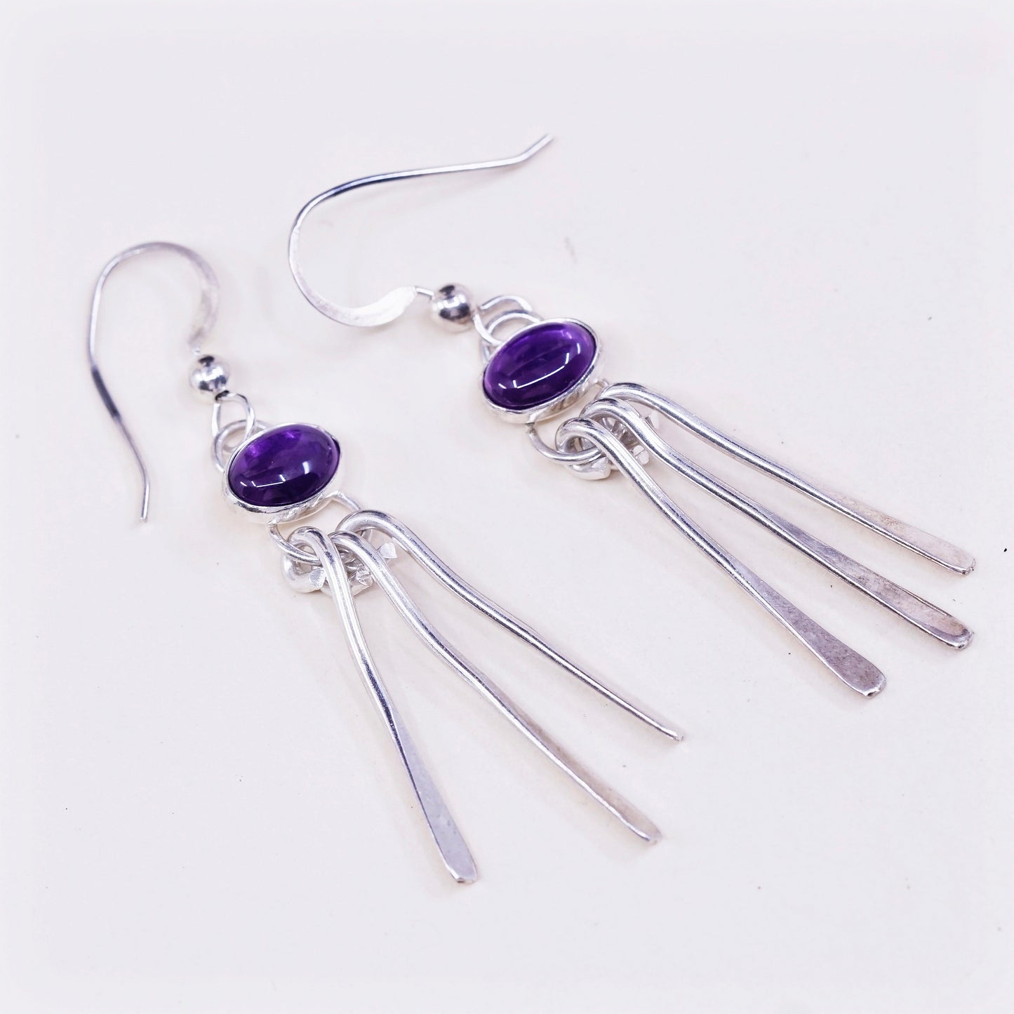 Vintage sterling silver handmade earrings, 925 fringe with amethyst