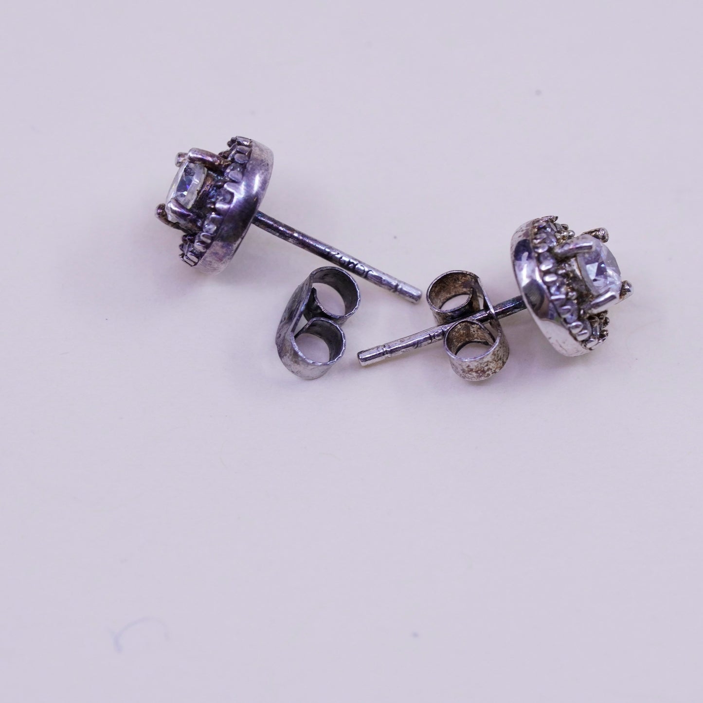 Vintage sterling silver round clear CZ studs, earrings