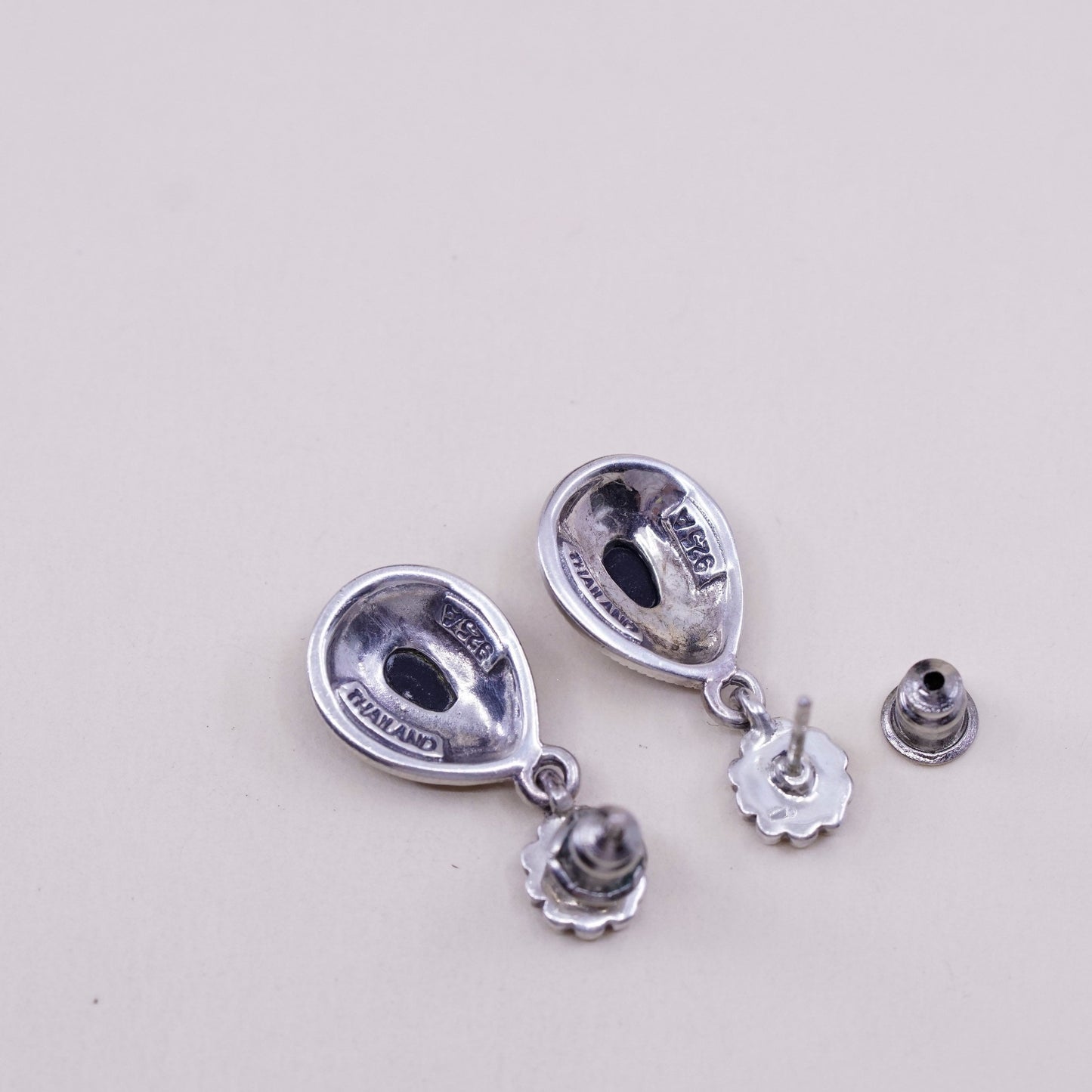 Vintage Sterling silver handmade earrings, 925 drops w/ obsidian and marcasite