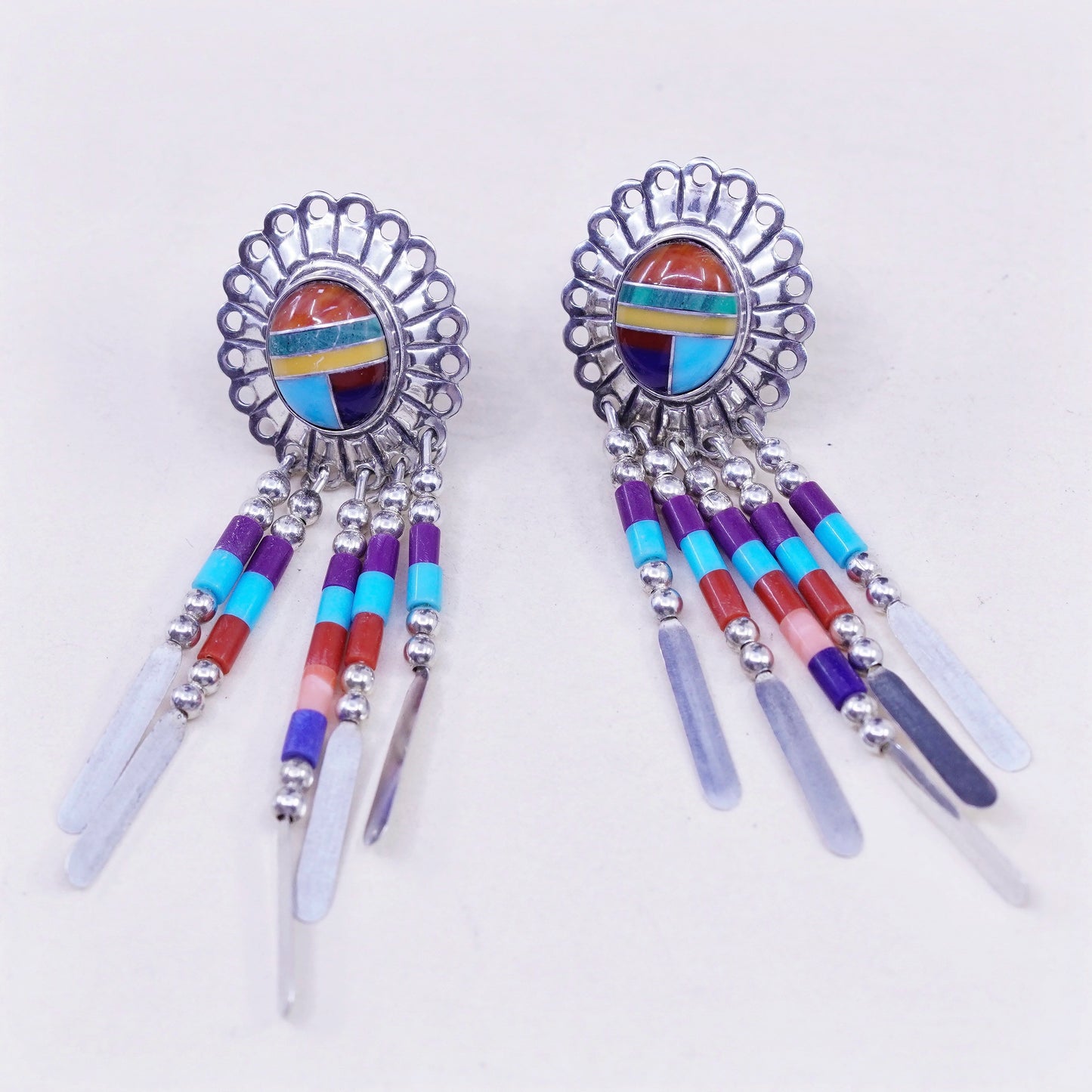 QT Native American sterling silver handmade earrings, 925 fringe, Zuni, Navajo