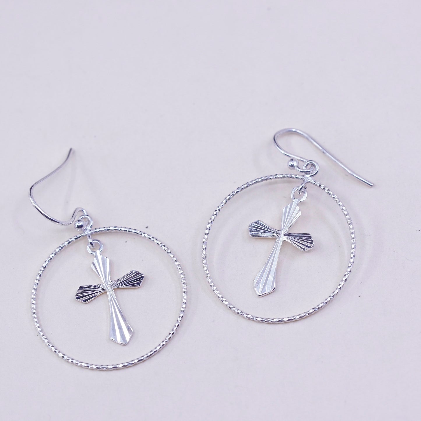 Vintage Sterling silver handmade earrings, 925 hoops with cross charms, cute, stamped 925