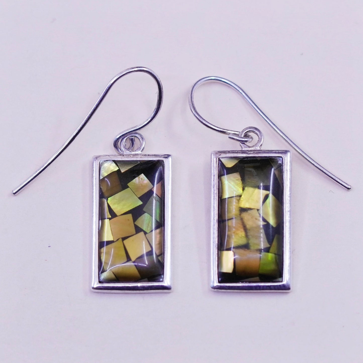 Vintage sterling silver handmade rectangular earrings, Mexico 925 with abalone