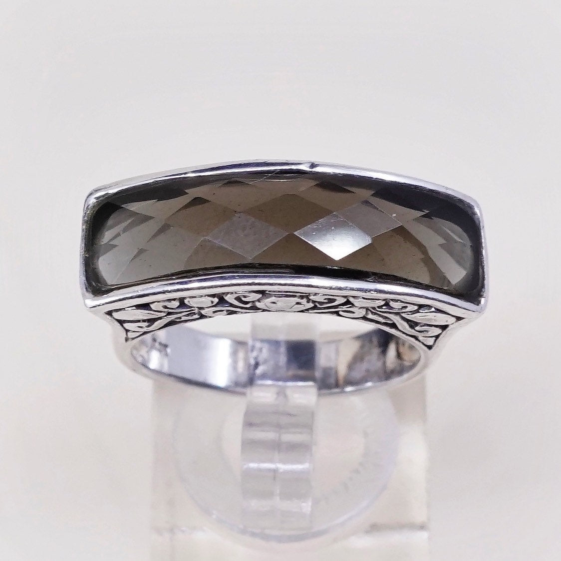 sz 9, vtg sterling 925 silver handmade statement ring w/ checker smoky topaz