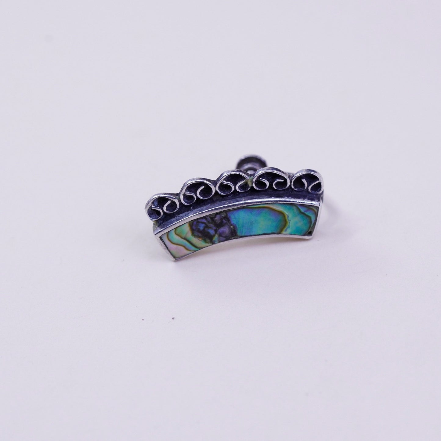 Vintage sterling 925 silver handmade screw back earrings with abalone, stamped silver mexico 20