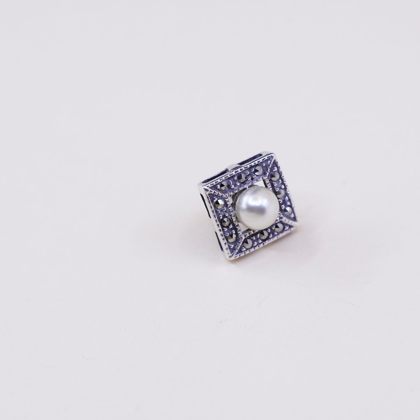 Vintage sterling silver earrings, 925 square studs with pearl and marcasite