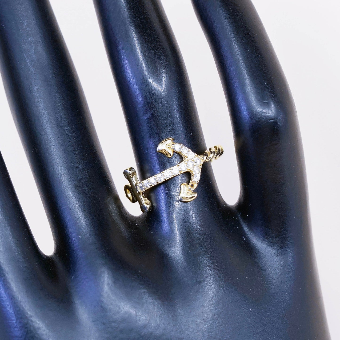 Size 6.75, vtg vermeil gold Sterling silver ring, 925 anchor band w/ cluster Cz