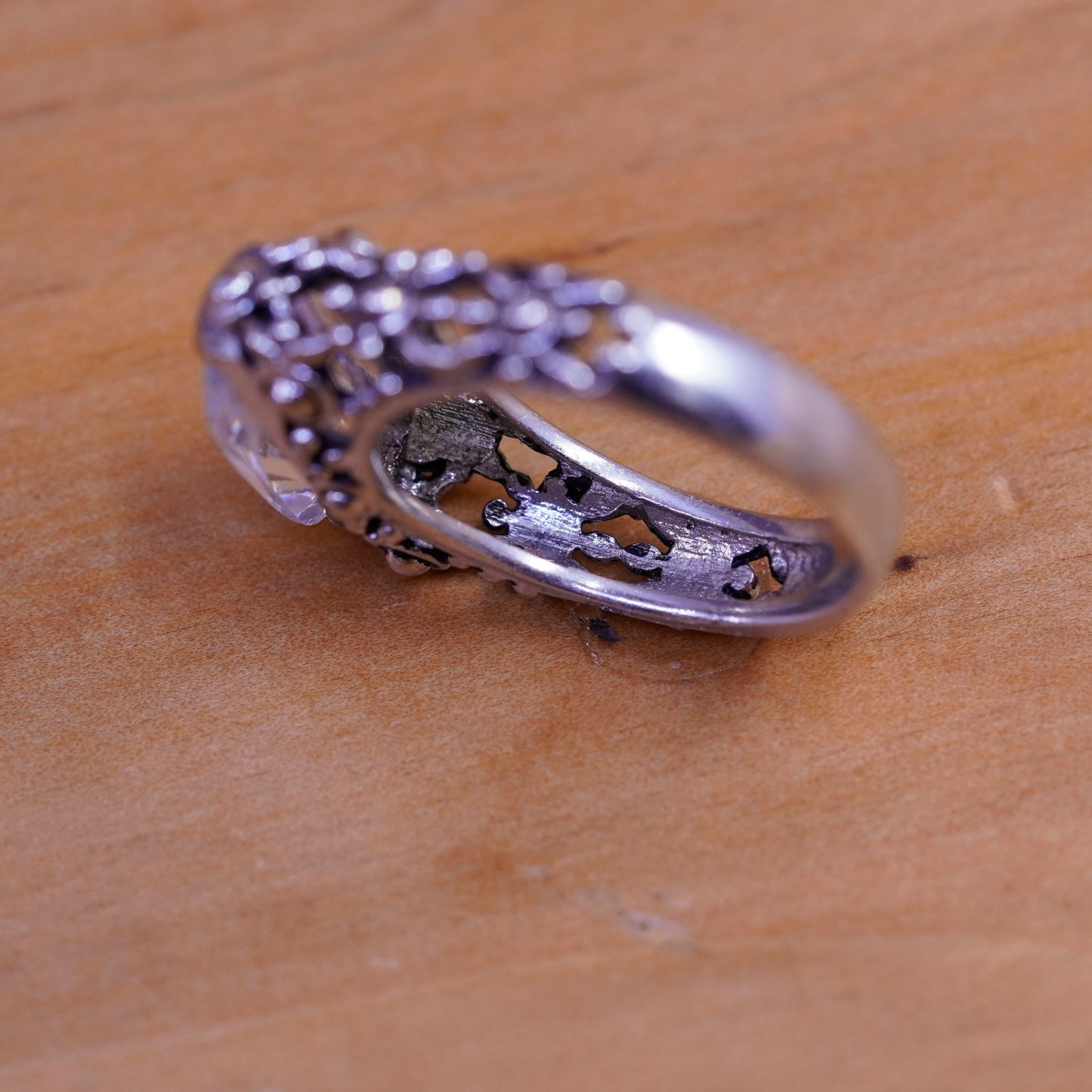 Size 7, vintage Sterling silver handmade ring, 925 filigree band with cz