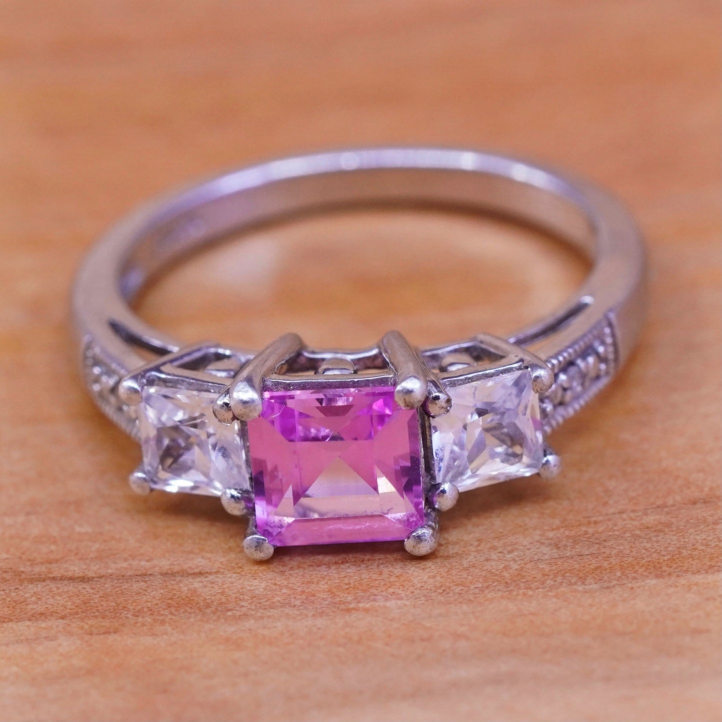 Size 6.5, vintage Sterling 925 silver ring with pink and clear cz