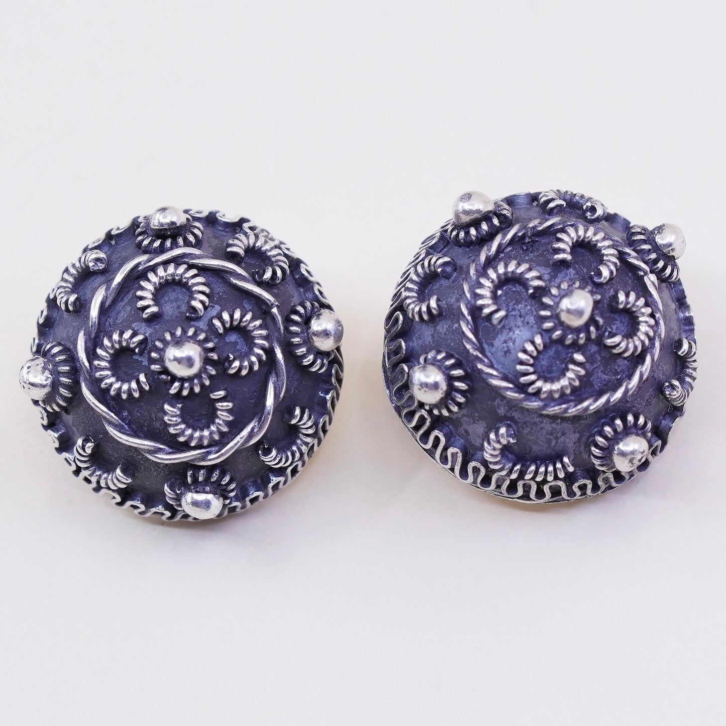 vintage sterling silver handmade earrings, 925 clip on with filigree and beads