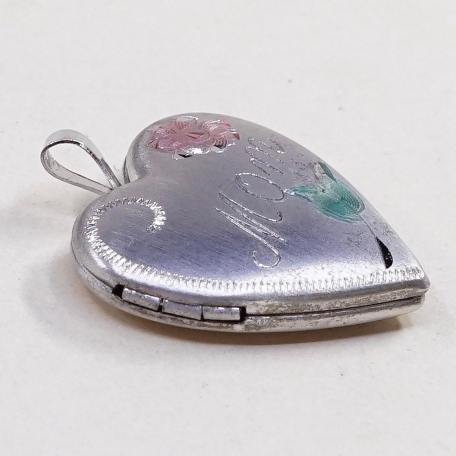 VTG sterling silver heart photo locket charm, 925 pendant embossed “mom”