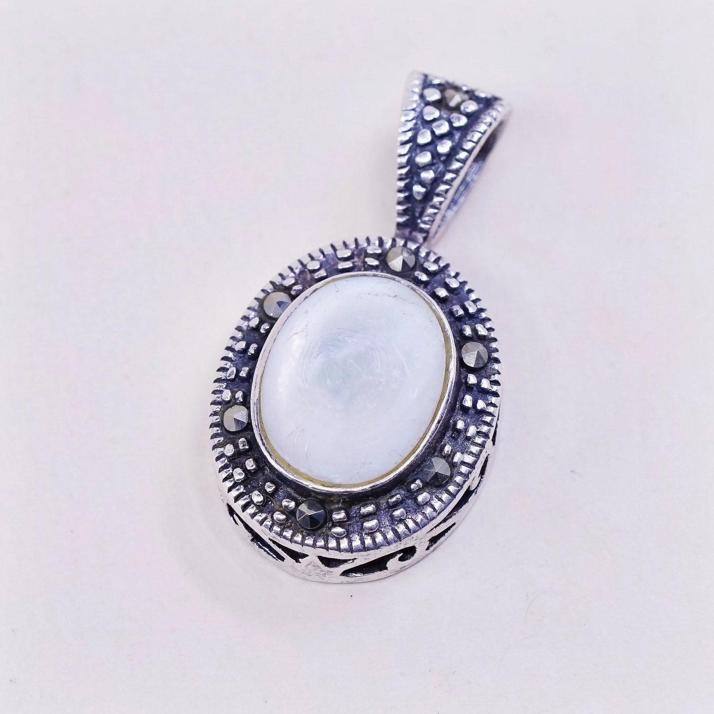 sterling 925 silver handmade pendant, mother of pearl w/ marcasite pendant