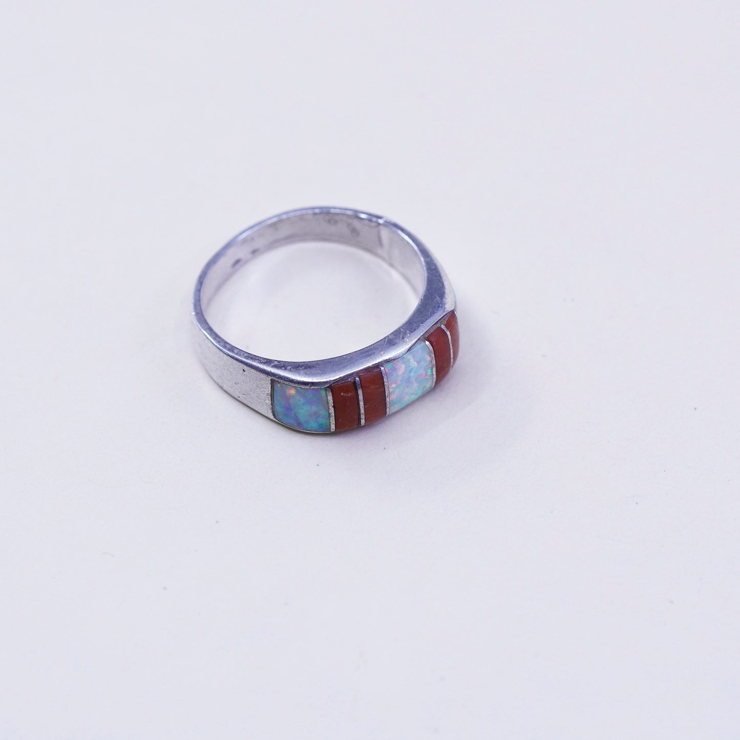 sz 9.25, vtg zuni Sterling silver handmade ring, 925 band w/ fire opal N coral