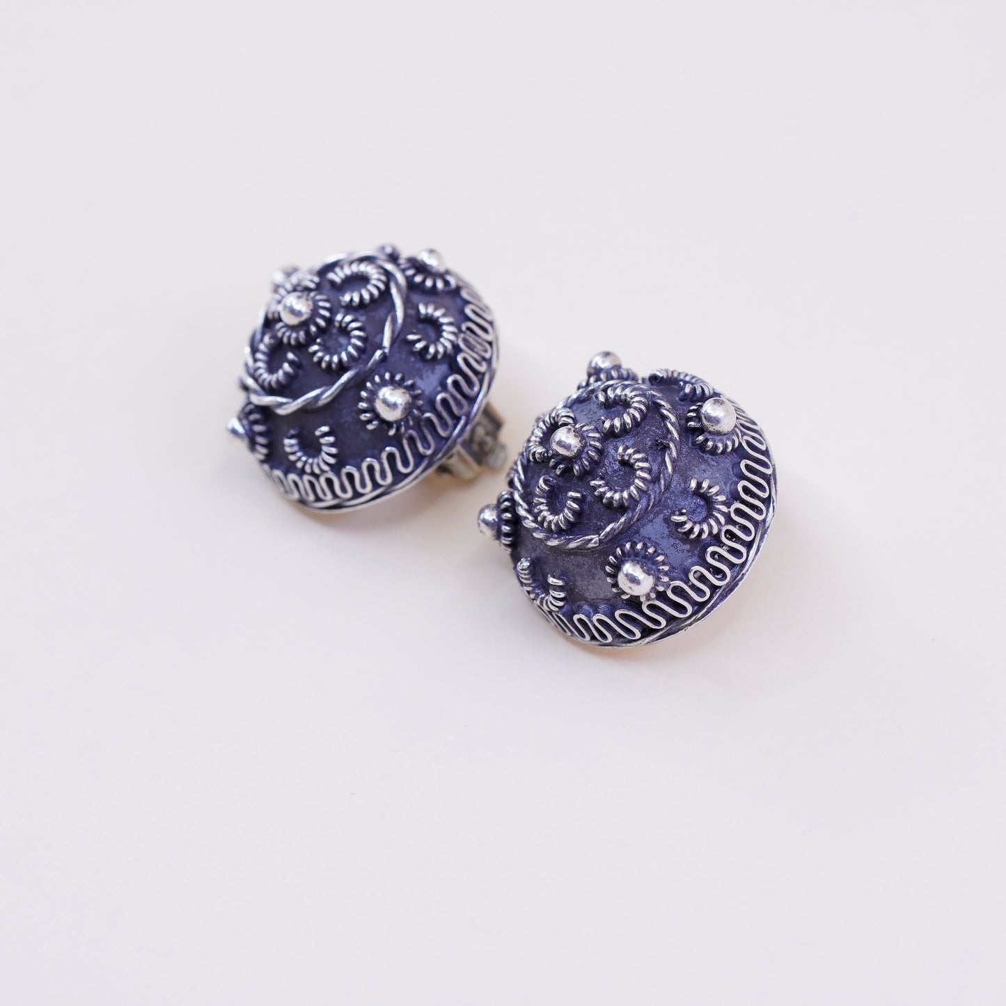 vintage sterling silver handmade earrings, 925 clip on with filigree and beads