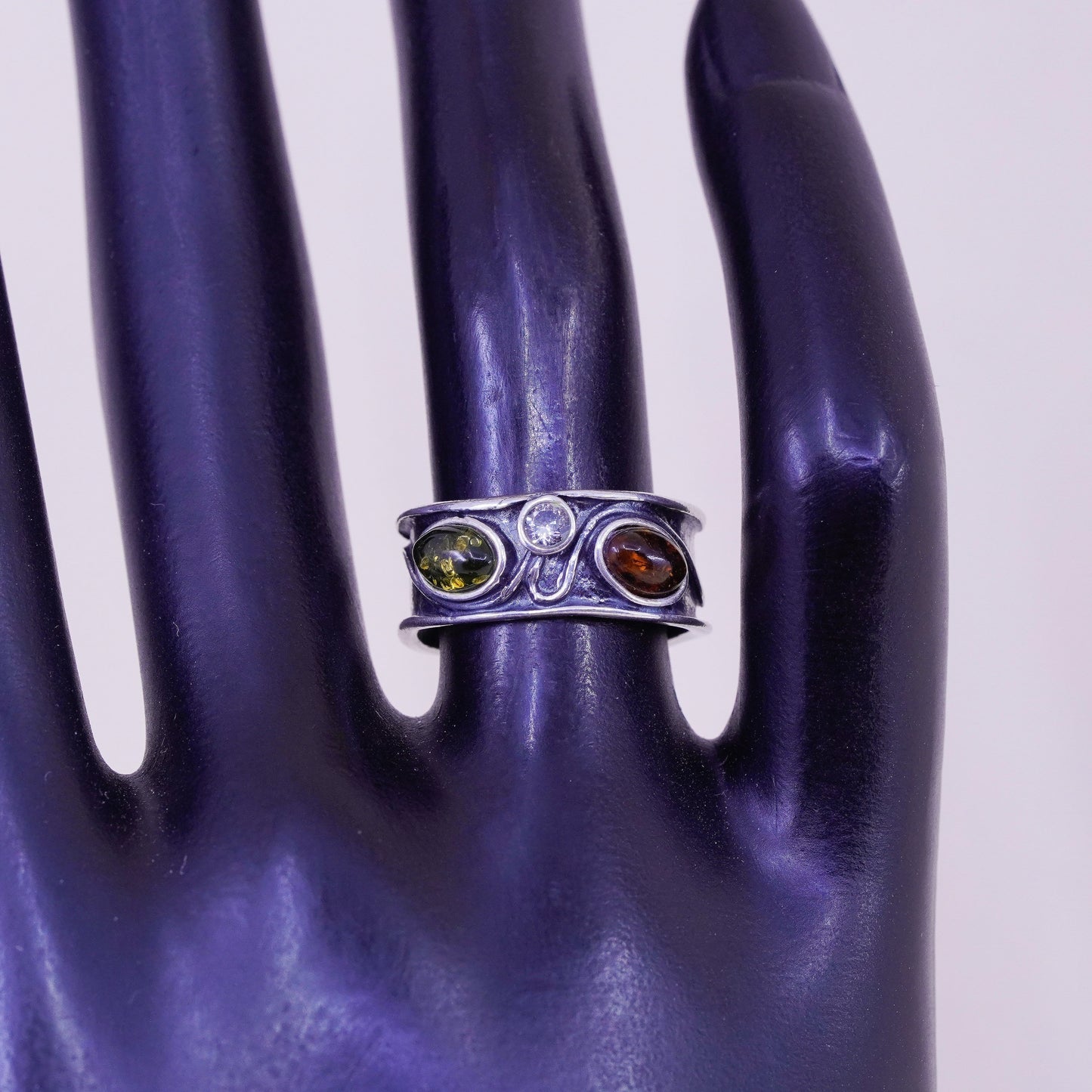 Size 6, Vintage sterling 925 silver handmade ring with Amber and cz