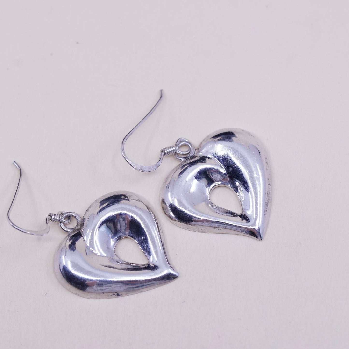 vtg sterling silver heart shaped drop earrings, puffy lightweight 925 heart