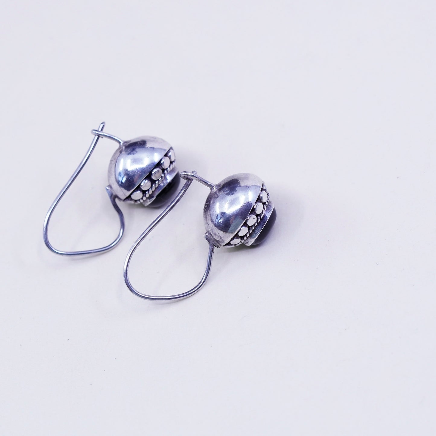 Vintage Sterling 925 silver handmade earrings with oval obsidian drops, elegant