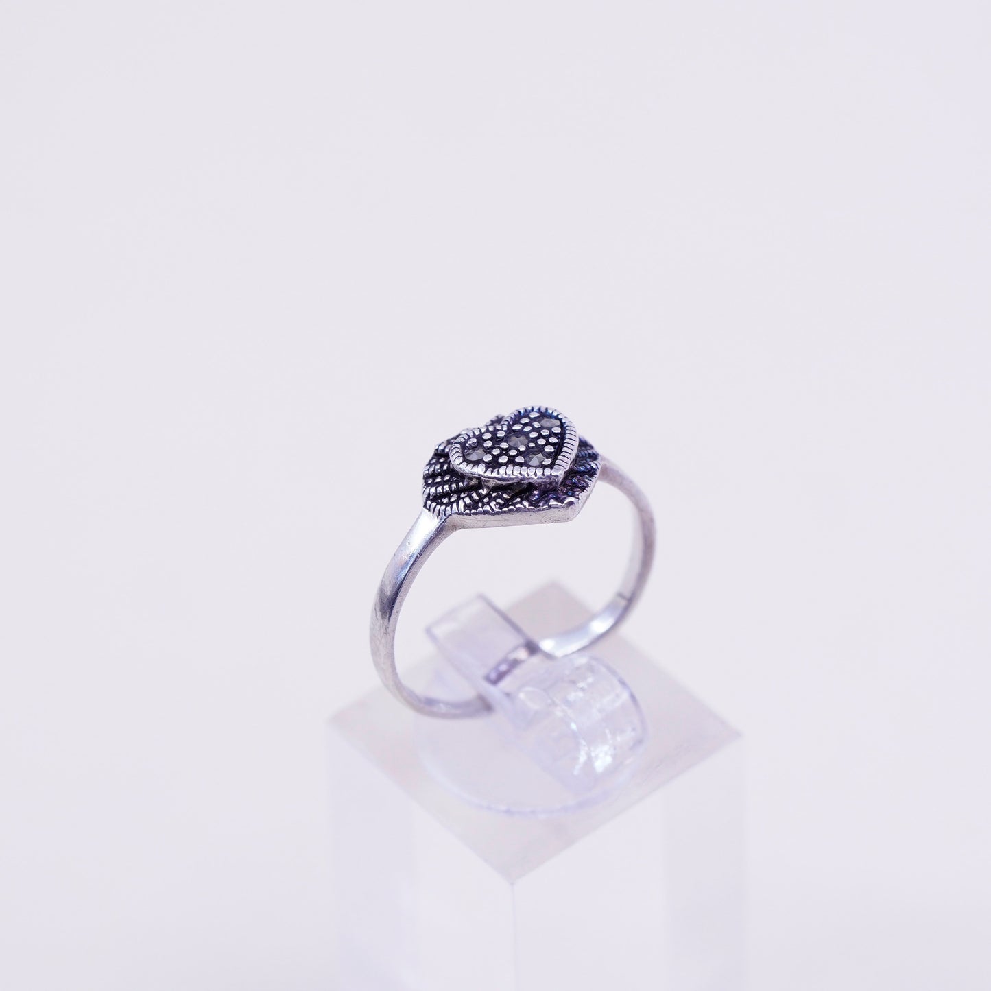 Size 8.5, vintage Sterling silver handmade ring, 925 heart with marcasite