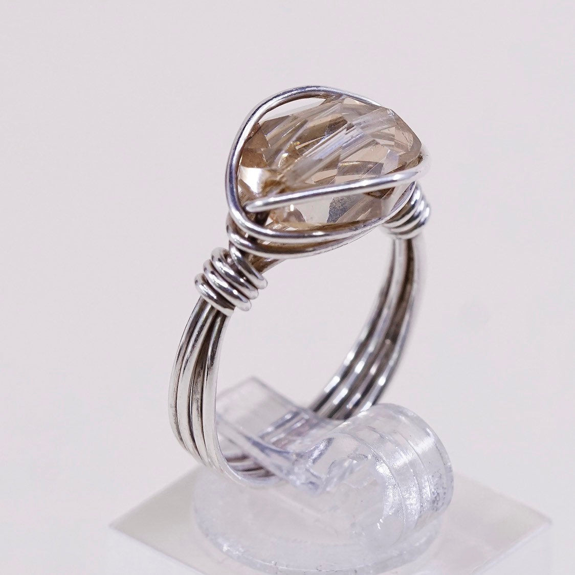 sz 6.75, sterling silver handmade ring, 925 wired ring w/ citrine glass