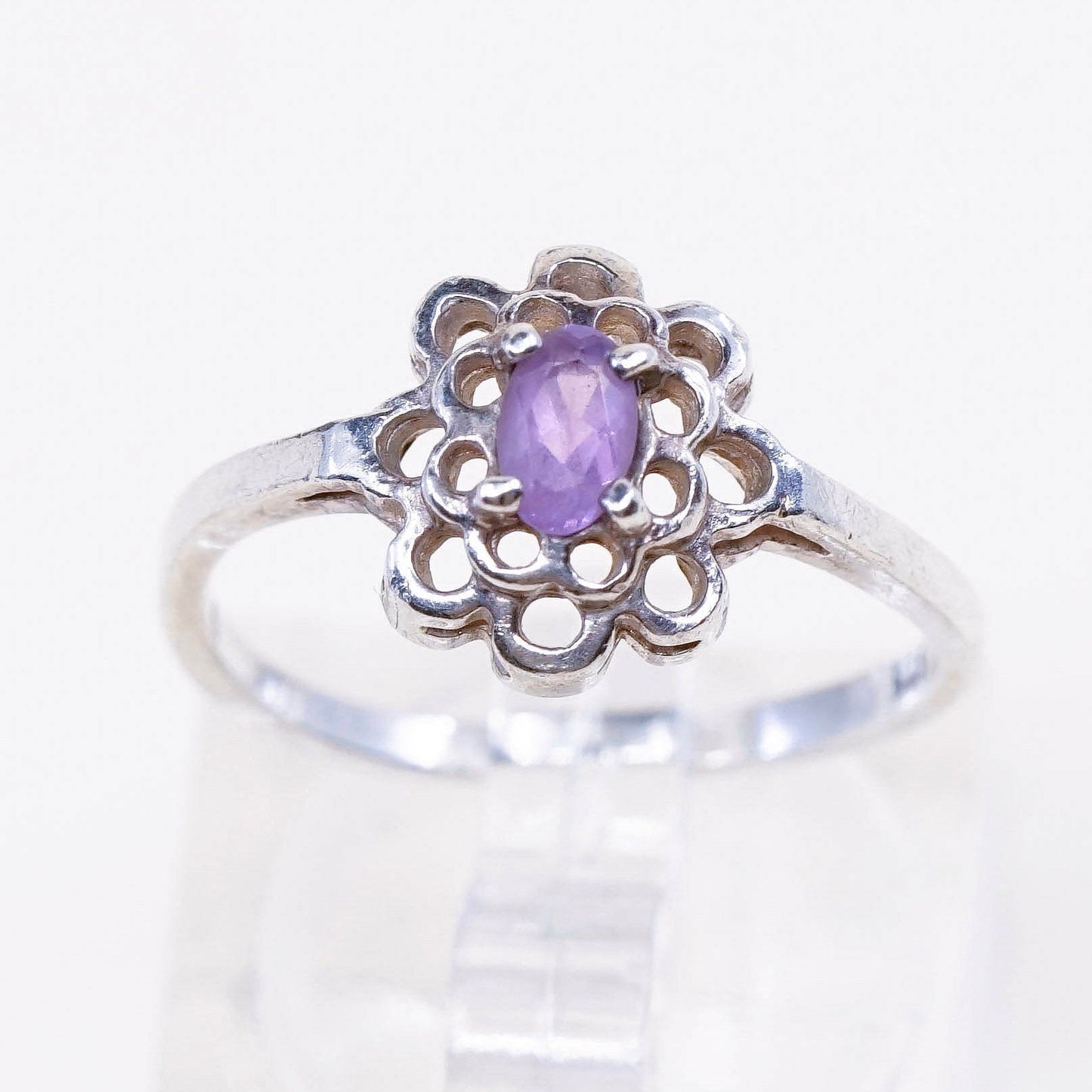 Size 6, vintage Sterling 925 silver handmade crown ring with amethyst
